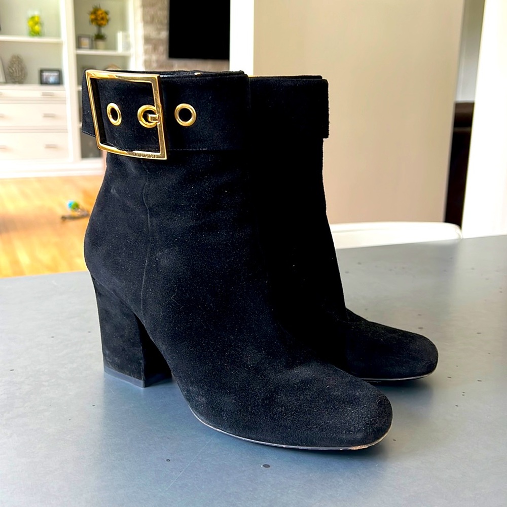 Gucci black suede ankle boots with gold buckle